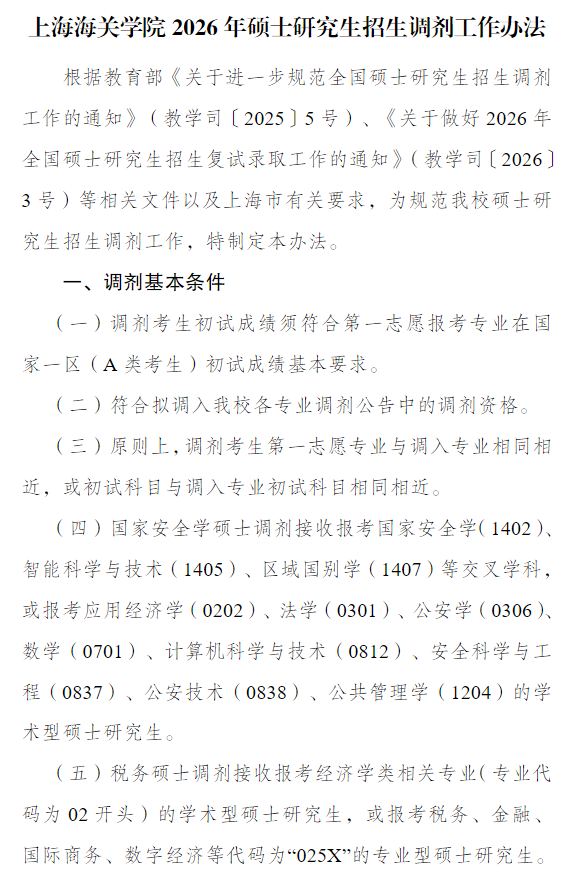 上海海关学院2026年硕士研究生招生调剂工作办法