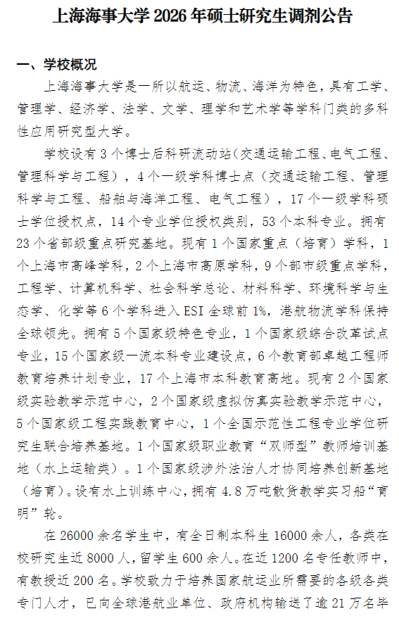 上海海事大学2026年硕士研究生调剂公告