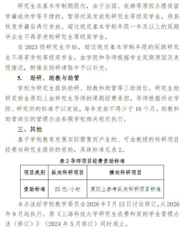 上海科技大学2027年硕士研究生收费和奖助学金管理办法