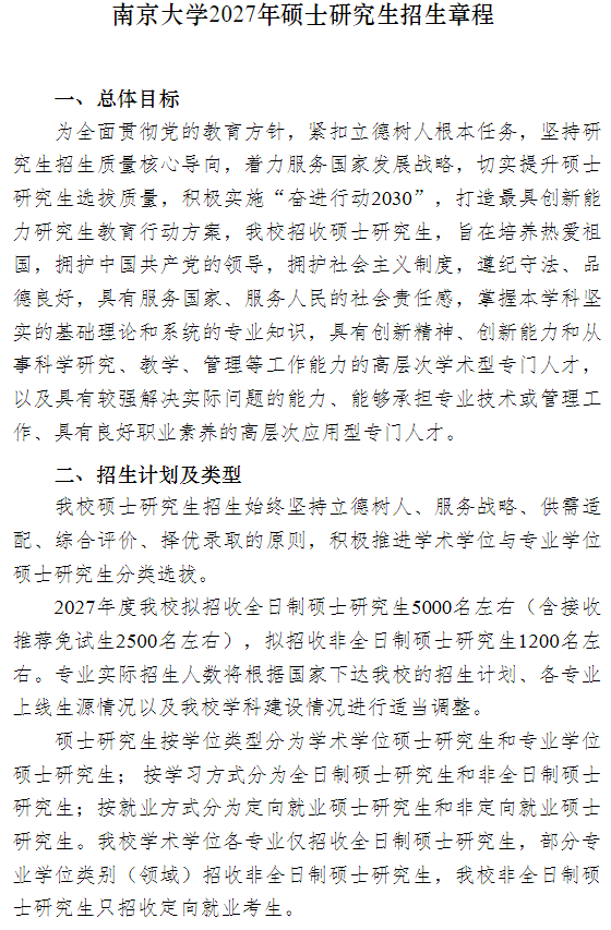 南京大学2027年硕士研究生招生章程
