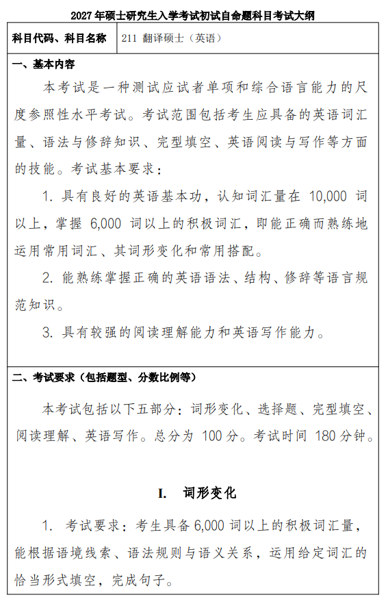 常州大学2027年硕士研究生入学考试初试科目考试大纲及参考书目-翻译硕士英语