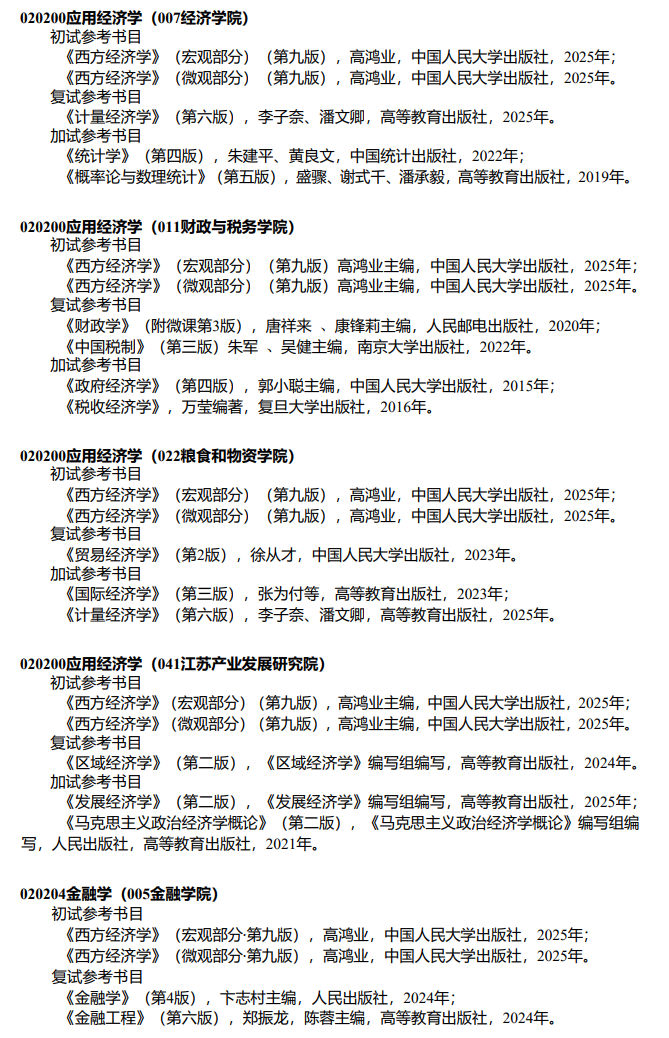 南京财经大学2027年硕士研究生考试招生参考书目
