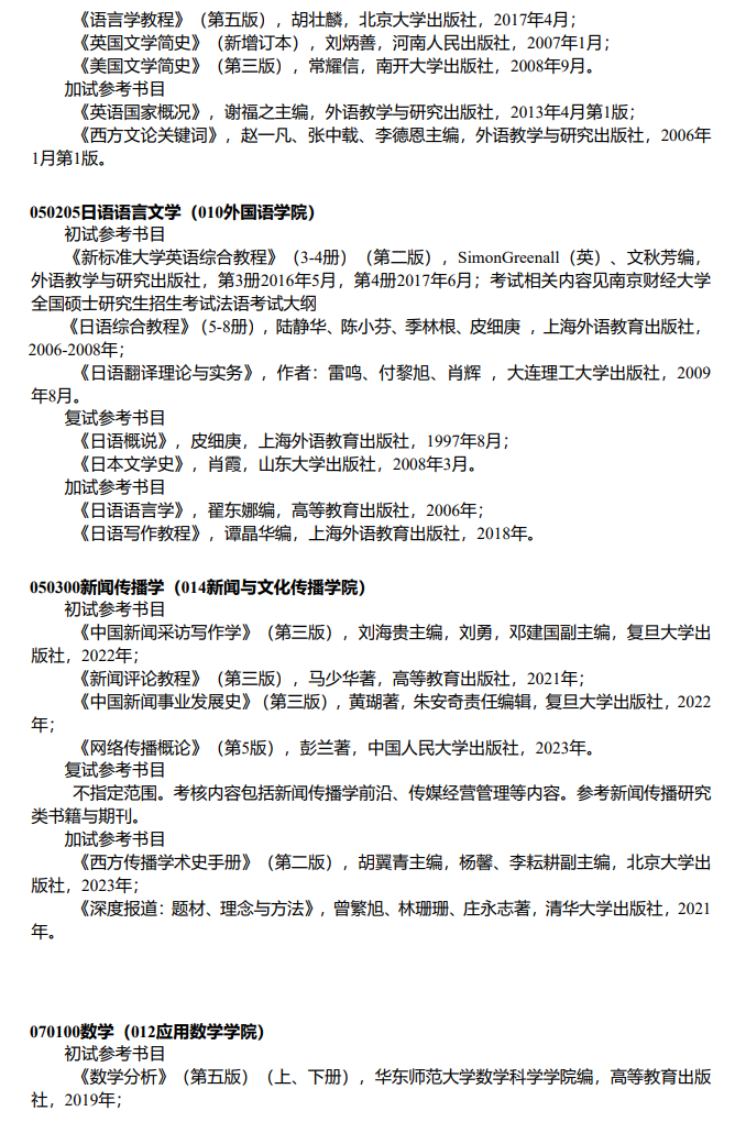 南京财经大学2027年硕士研究生考试招生参考书目