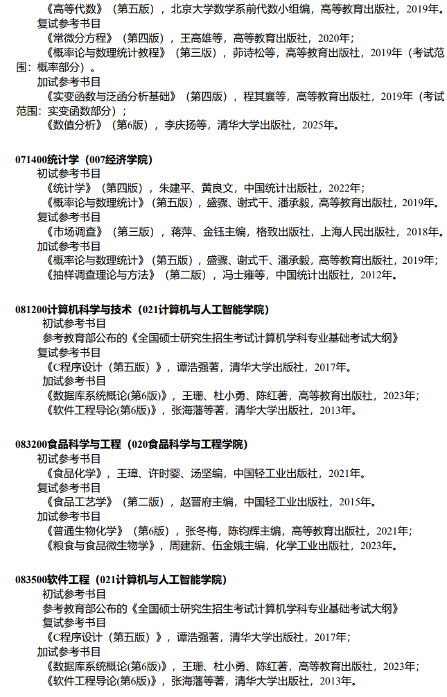 南京财经大学2027年硕士研究生考试招生参考书目