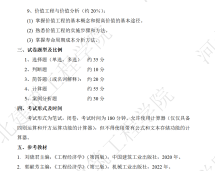 河北建筑工程学院2024年硕士研究生招生初试自命题科目考试大纲