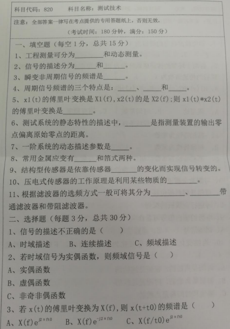 湖南科技大学2020年考研真题：测试技术