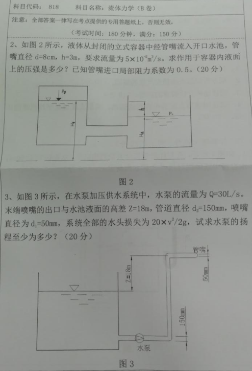 湖南科技大学2020年考研真题：流体力学