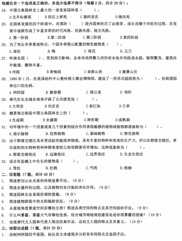 沈阳农业大学2022年考研真题：344风景园林基础