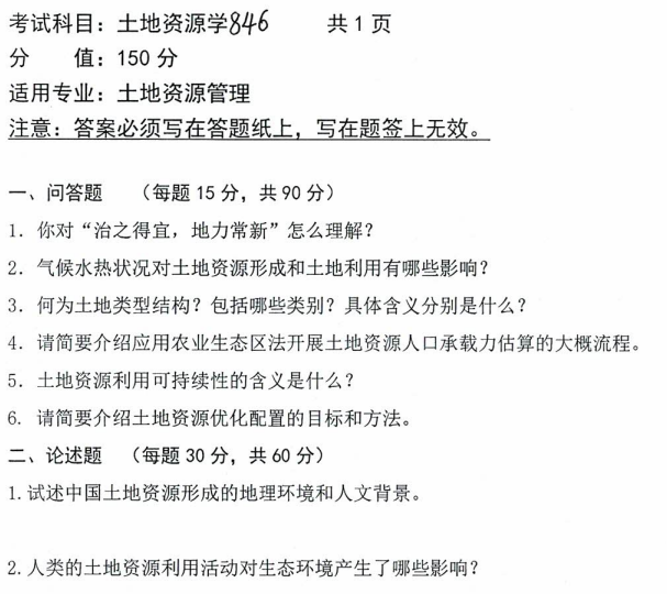 沈阳农业大学2023年考研真题：846土地资源学