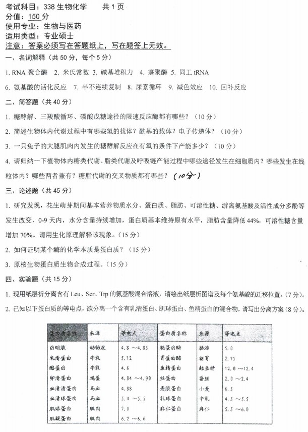 沈阳农业大学2022年考研真题：338生物化学